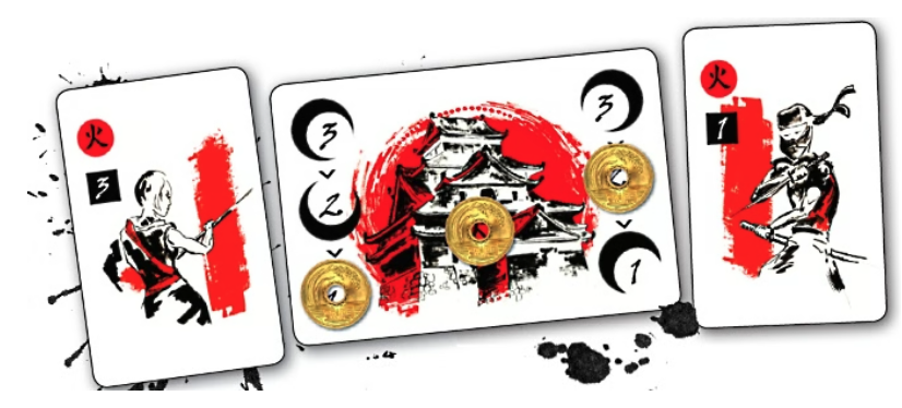 Three Taiko cards displayed: a Samurai card (rank 3), the Castle Scoring Mat with gold coin tokens, and a Ninja card (rank 1)