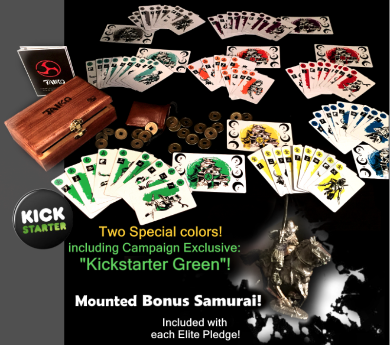 Taiko Elite Edition: engraved wooden box with brass latch, leather coin pouch, brass coins, and all six colored card decks spread out