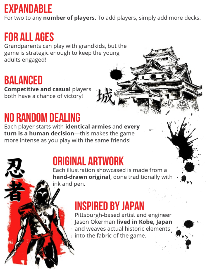 Taiko features: Expandable, For All Ages, Balanced, No Random Dealing, Original Artwork, Inspired by Japan