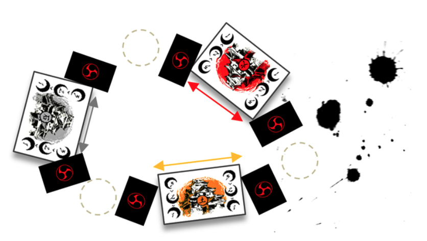 Taiko gameplay diagram showing players arranged in a circle, with red and orange arrows illustrating battles and card swaps between neighbors