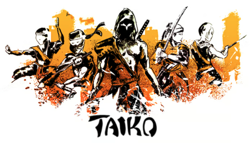 Five Taiko warriors: Daimyo, Samurai, Ninja, Archer and Ronin in dynamic ink-splash artwork