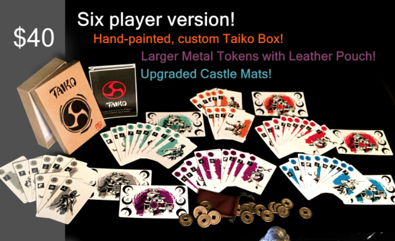 Taiko Standard Edition: six colored card decks fanned out with castle mats and coin tokens